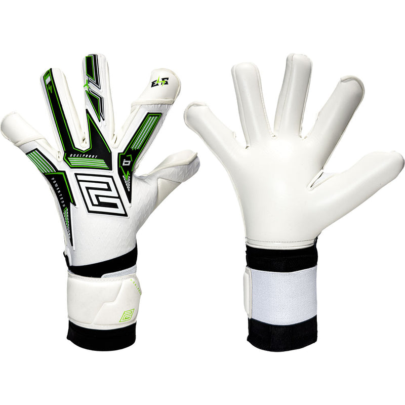 Keeper iD Electric Surge V-Wrap RS junior goalkeeper gloves in White and Volt Green, backhand and palm