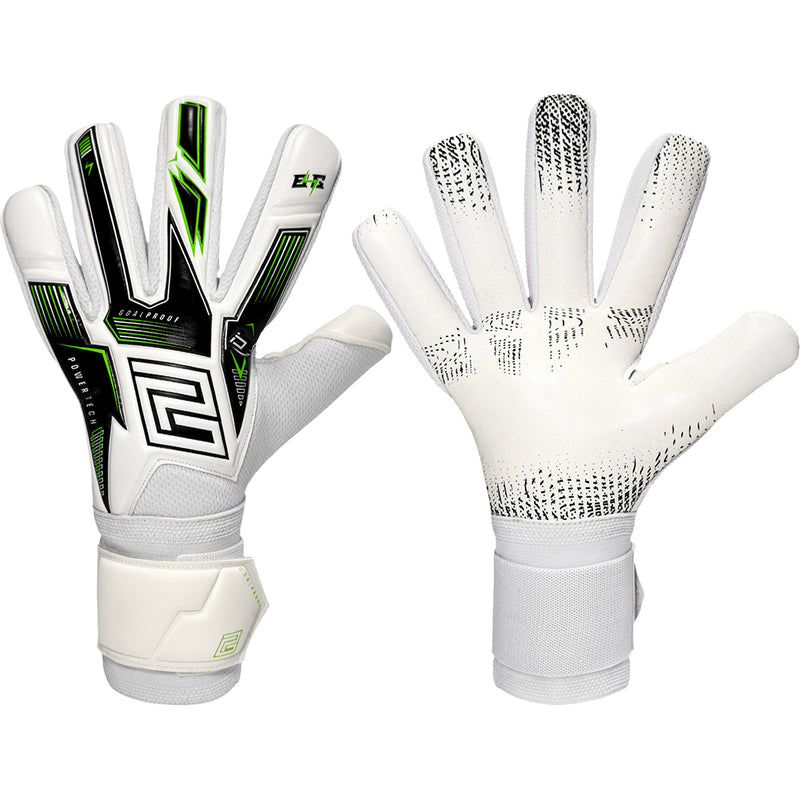 Keeper iD Electric Surge DuraTack NC junior goalkeeper gloves in White and Volt Green, backhand and palm