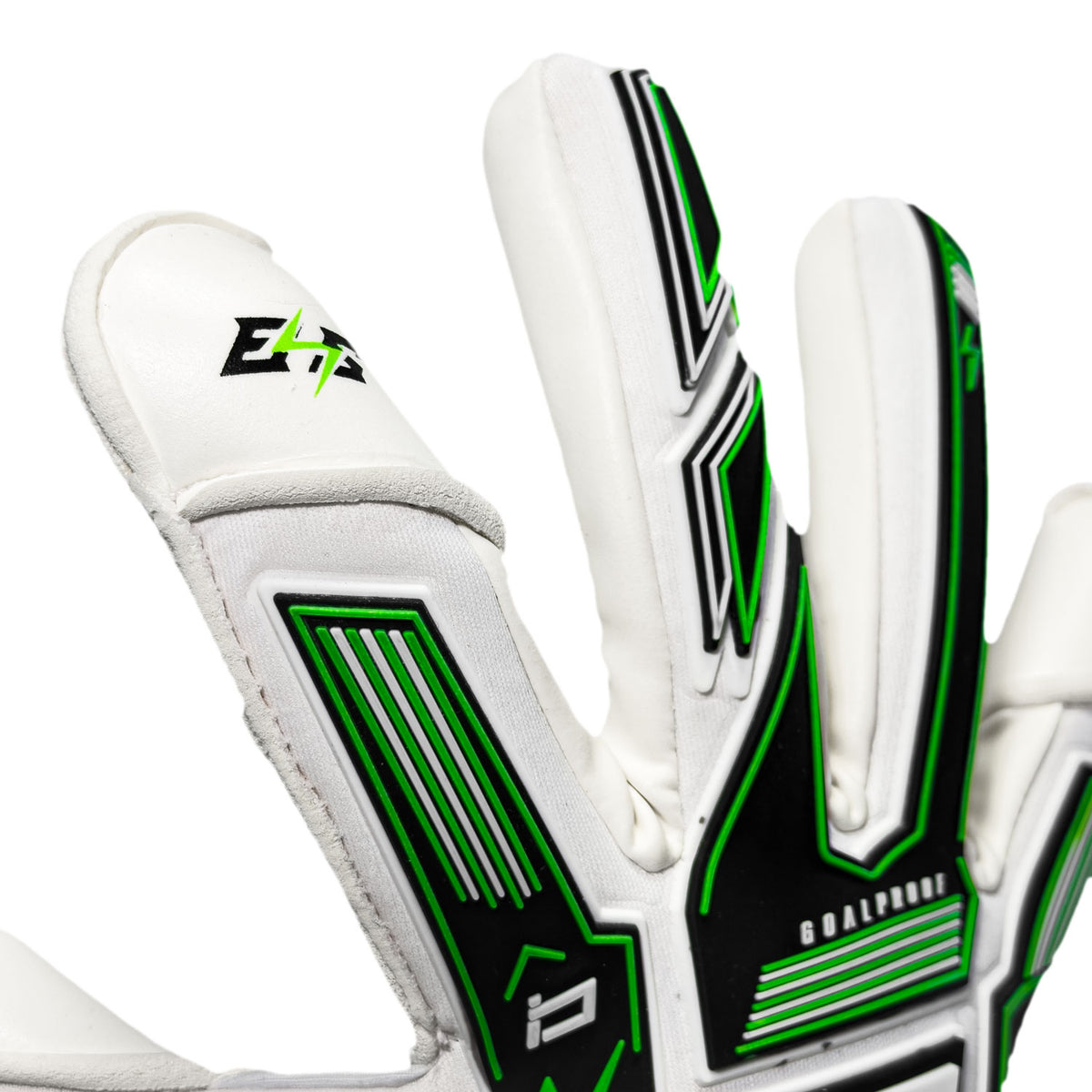 Keeper iD Electric Surge V-Wrap RS goalkeeper gloves in White and Volt Green, close-up of the fingers and ES logo