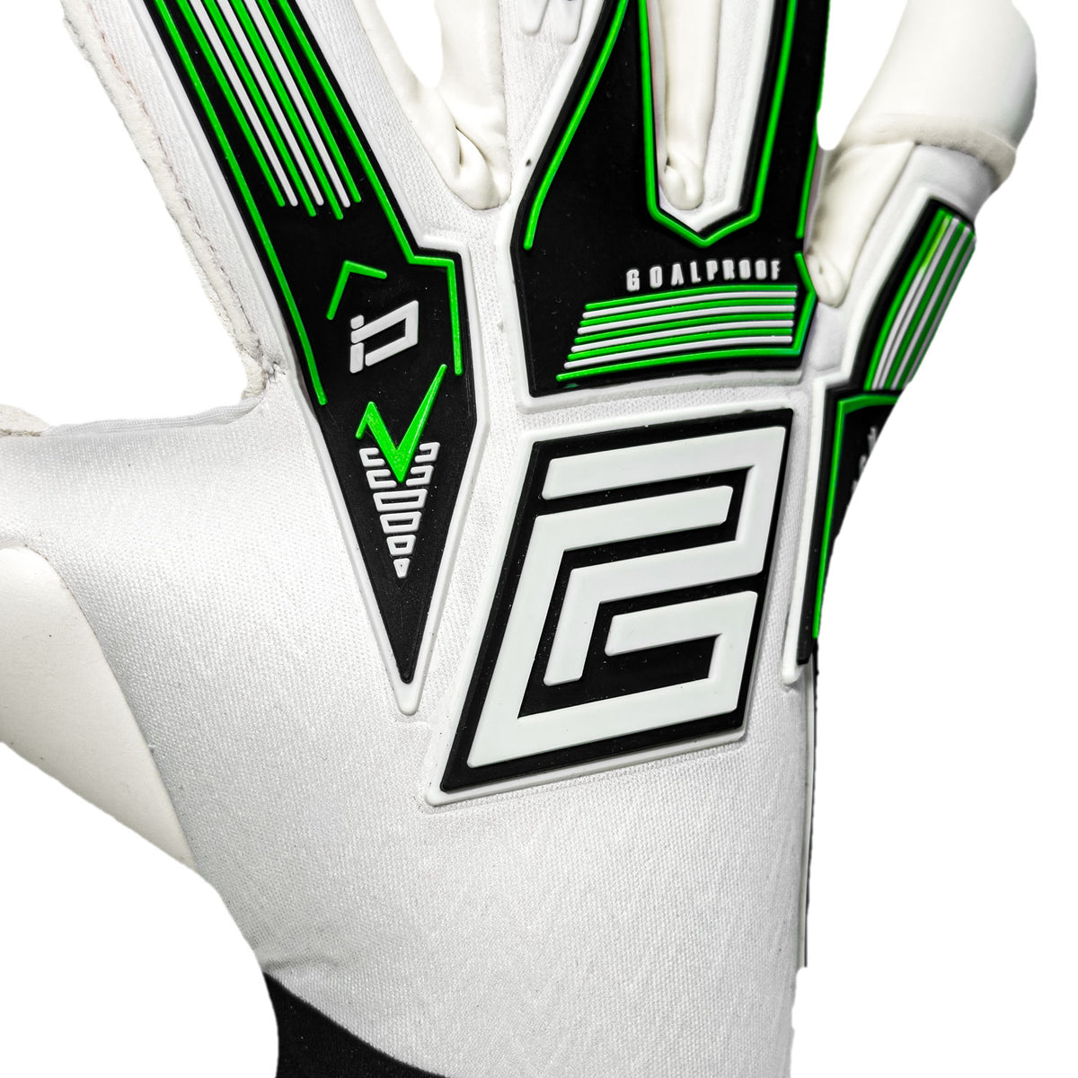 Keeper iD Electric Surge V-Wrap RS junior goalkeeper gloves in White and Volt Green, close-up of the backhand logo and strike graphics