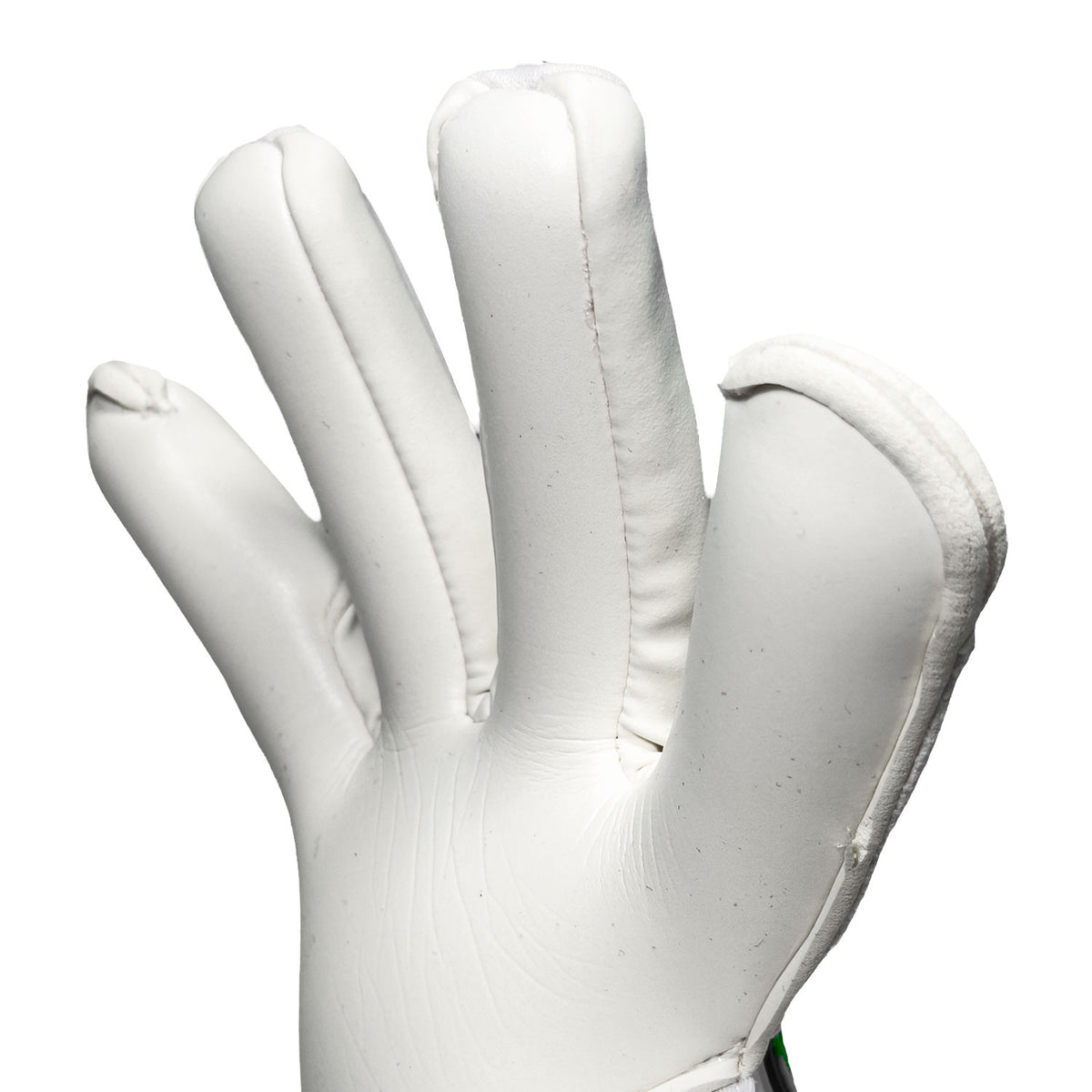 Keeper iD Electric Surge V-Wrap RS junior goalkeeper gloves in White and Volt Green, close-up of the white contact latex palm