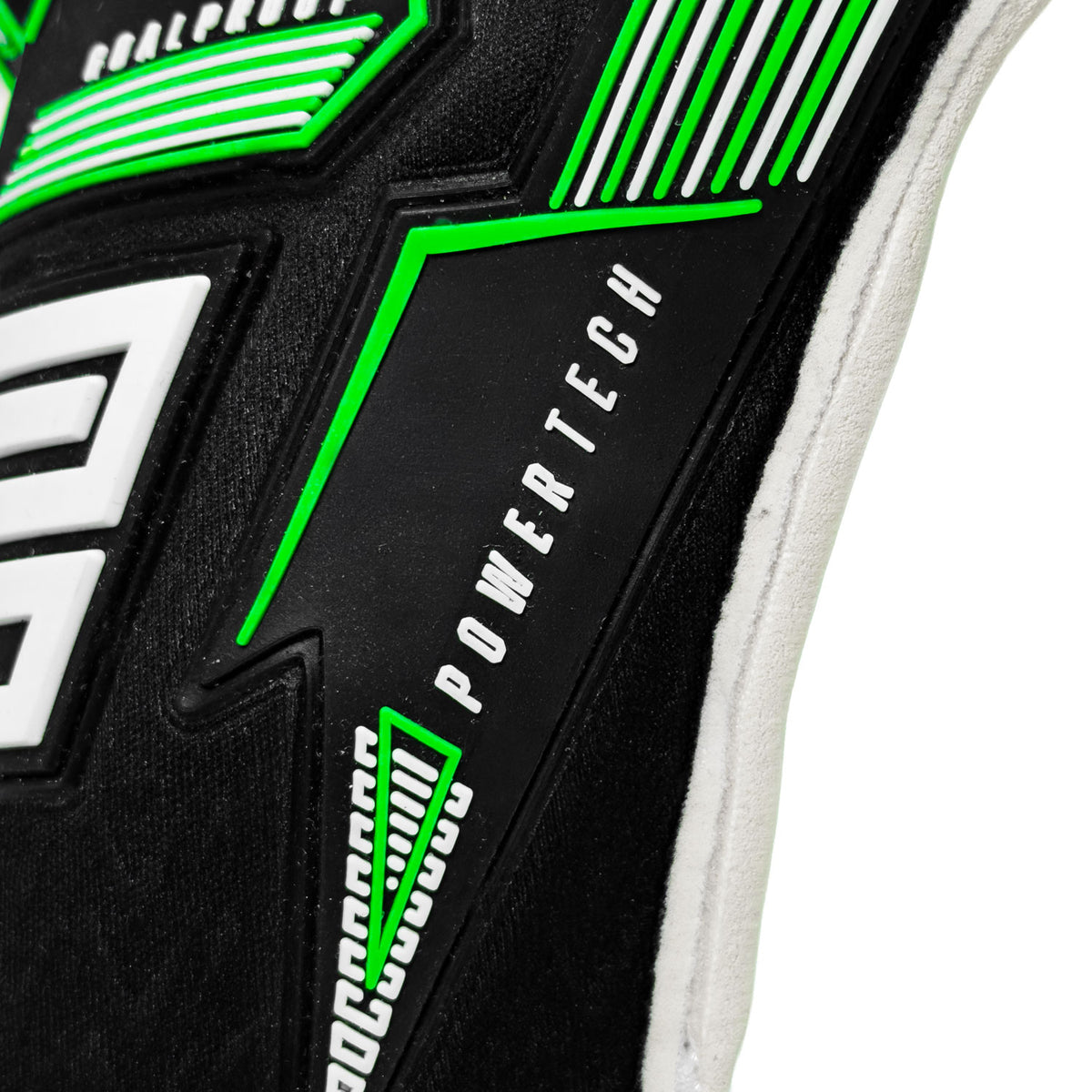 Keeper iD Electric Surge V-Wrap RS junior goalkeeper gloves in Black and Volt Green, close-up of the black backhand and green strike graphics