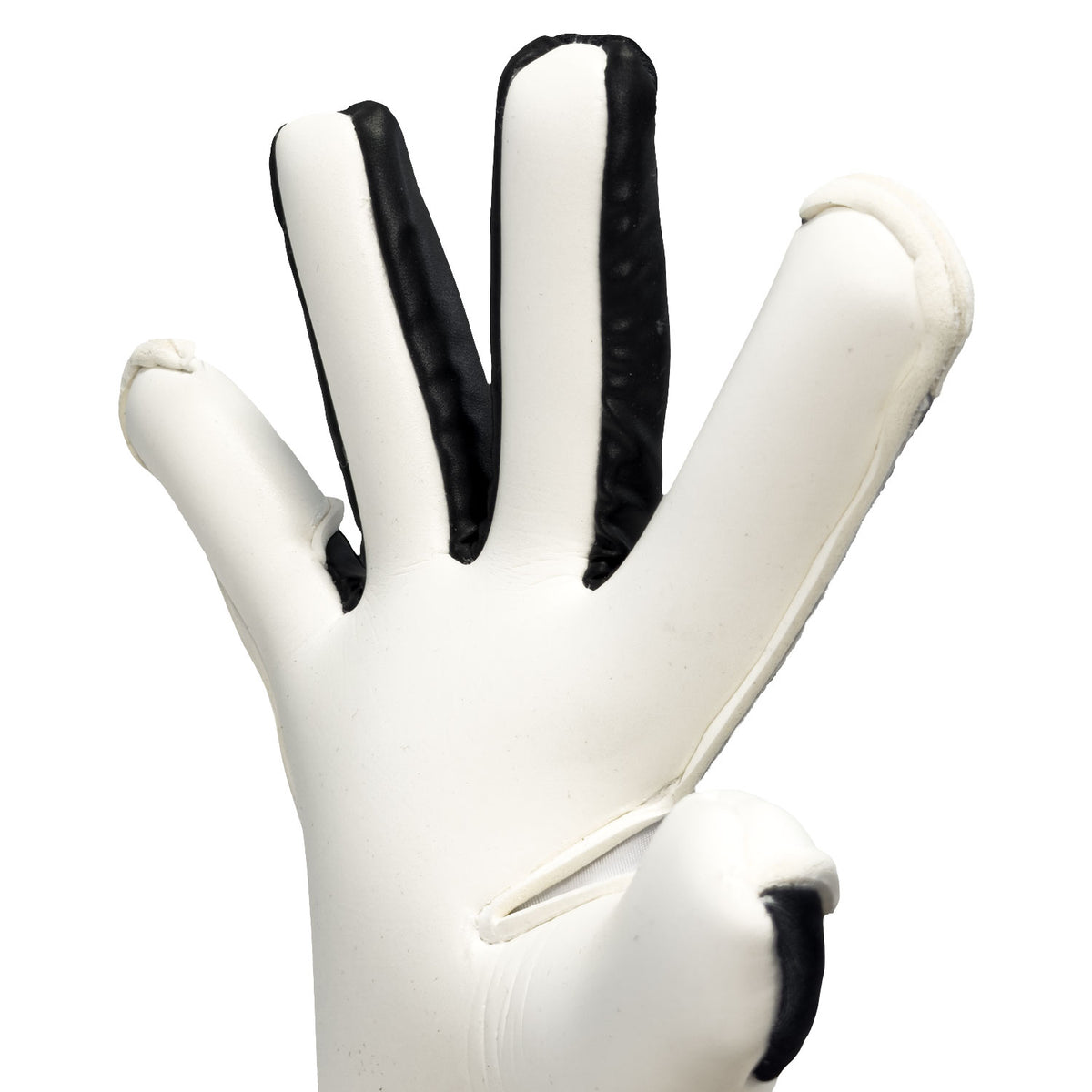 Keeper iD Electric Surge V-Wrap RS junior goalkeeper gloves in Black and Volt Green, close-up of the white latex palm with black finger gussets