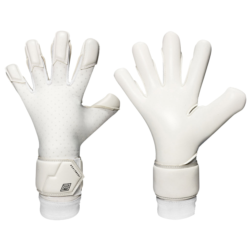 Pair of white Keeper iD goalkeeper gloves, palm and back view, available for personalisation