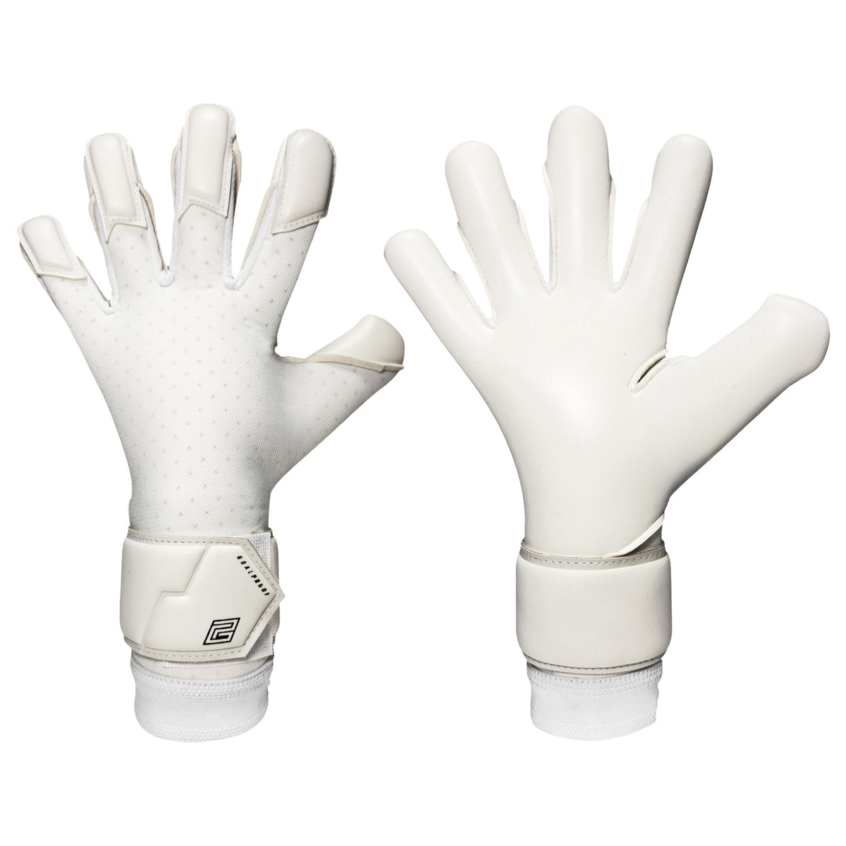 Pair of white Keeper iD goalkeeper gloves, palm and back view, available for personalisation
