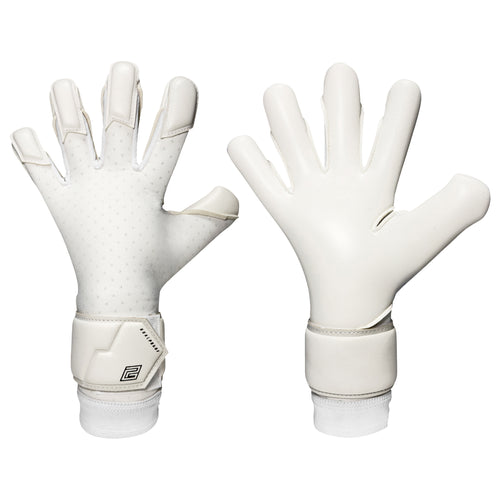Pair of white Keeper iD goalkeeper gloves, palm and back view, available for personalisation